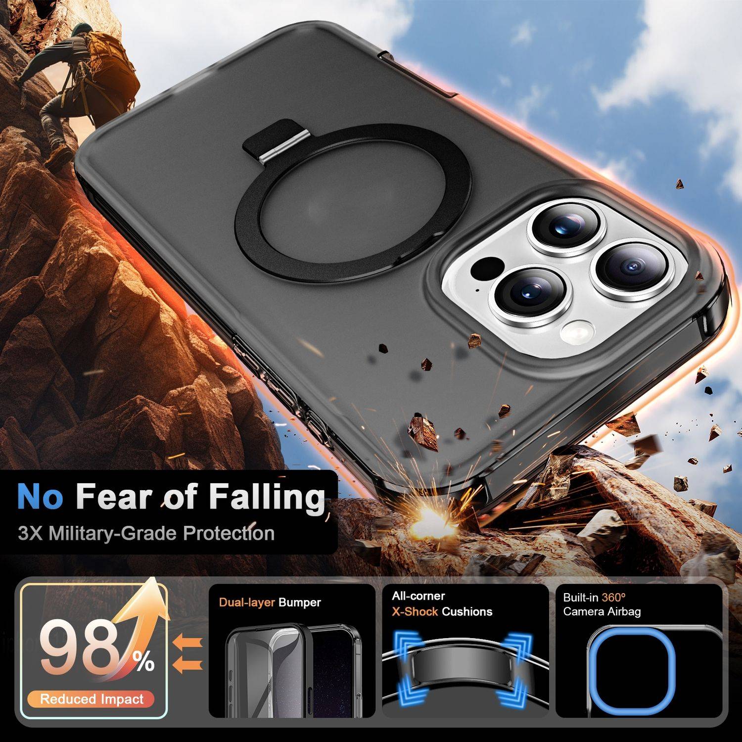 Für Apple iPhone 16 Pro Max Frosted Skin Feel MagSafe Ring Halterung 360-Grad Hülle Schwarz