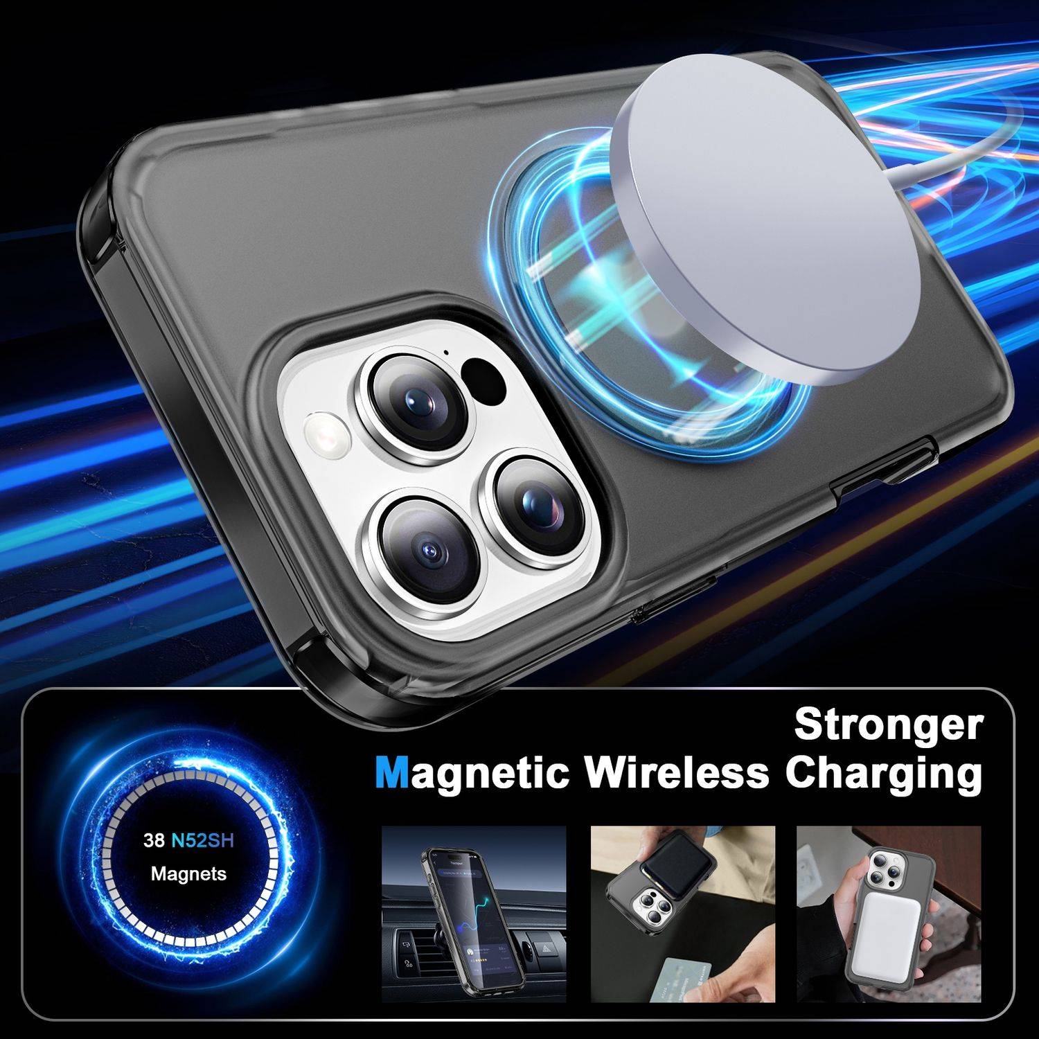 Für Apple iPhone 16 Pro Frosted Skin Feel MagSafe Ring Halterung 360-Grad Hülle Schwarz