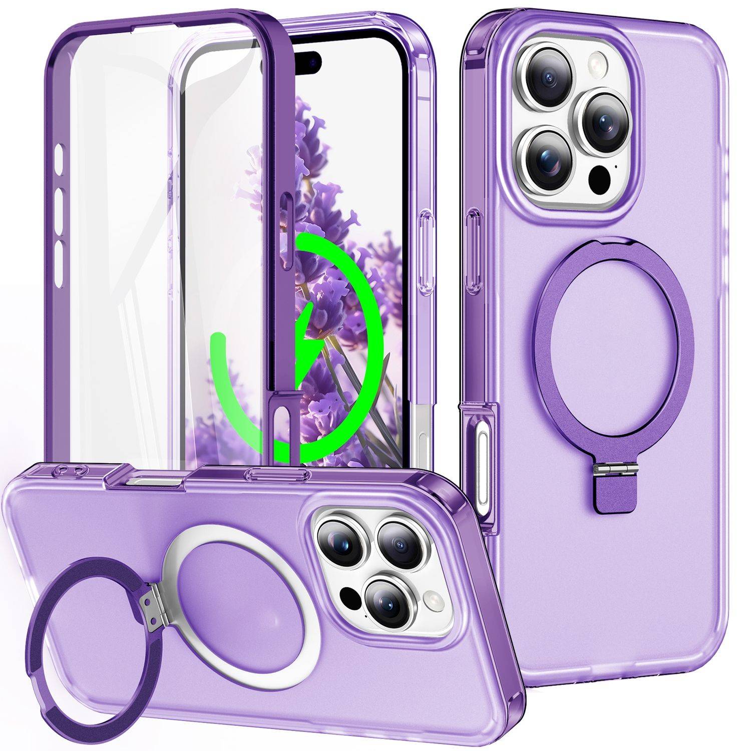 Für Apple iPhone 16 Pro Max Frosted Skin Feel MagSafe Ring Halterung 360-Grad Hülle Lila