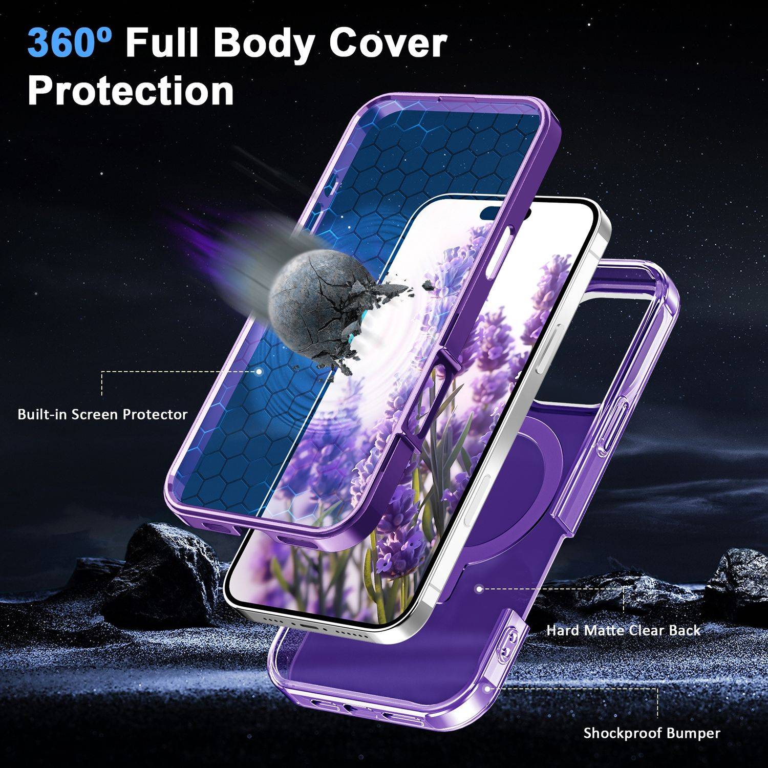 Für Apple iPhone 16 Pro Max Frosted Skin Feel MagSafe Ring Halterung 360-Grad Hülle Lila
