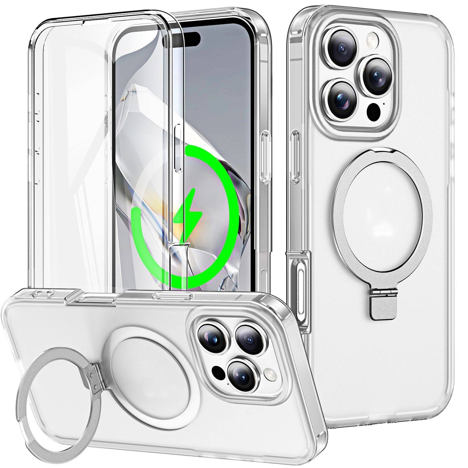 Für Apple iPhone 16 Pro Max Frosted Skin Feel MagSafe Ring Halterung 360-Grad Hülle Transparent