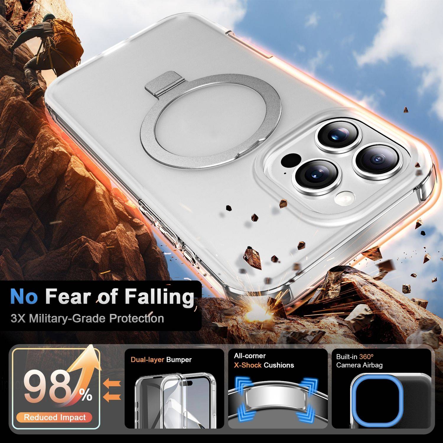 Für Apple iPhone 16 Pro Max Frosted Skin Feel MagSafe Ring Halterung 360-Grad Hülle Transparent