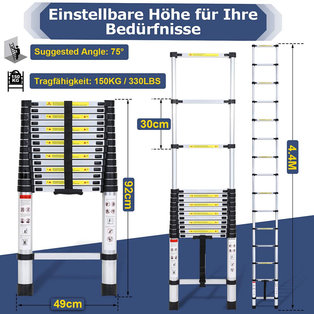 Produktinfografik mit einer verstellbaren Leiter mit „Empfohlener Winkel: 75°", Tragfähigkeit 150 kg/330 lbs, 30 cm Abschnittabstand, 92 cm eingeklappte Höhe, 49 cm Breite und 4,4 m ausgezogene Höhe.