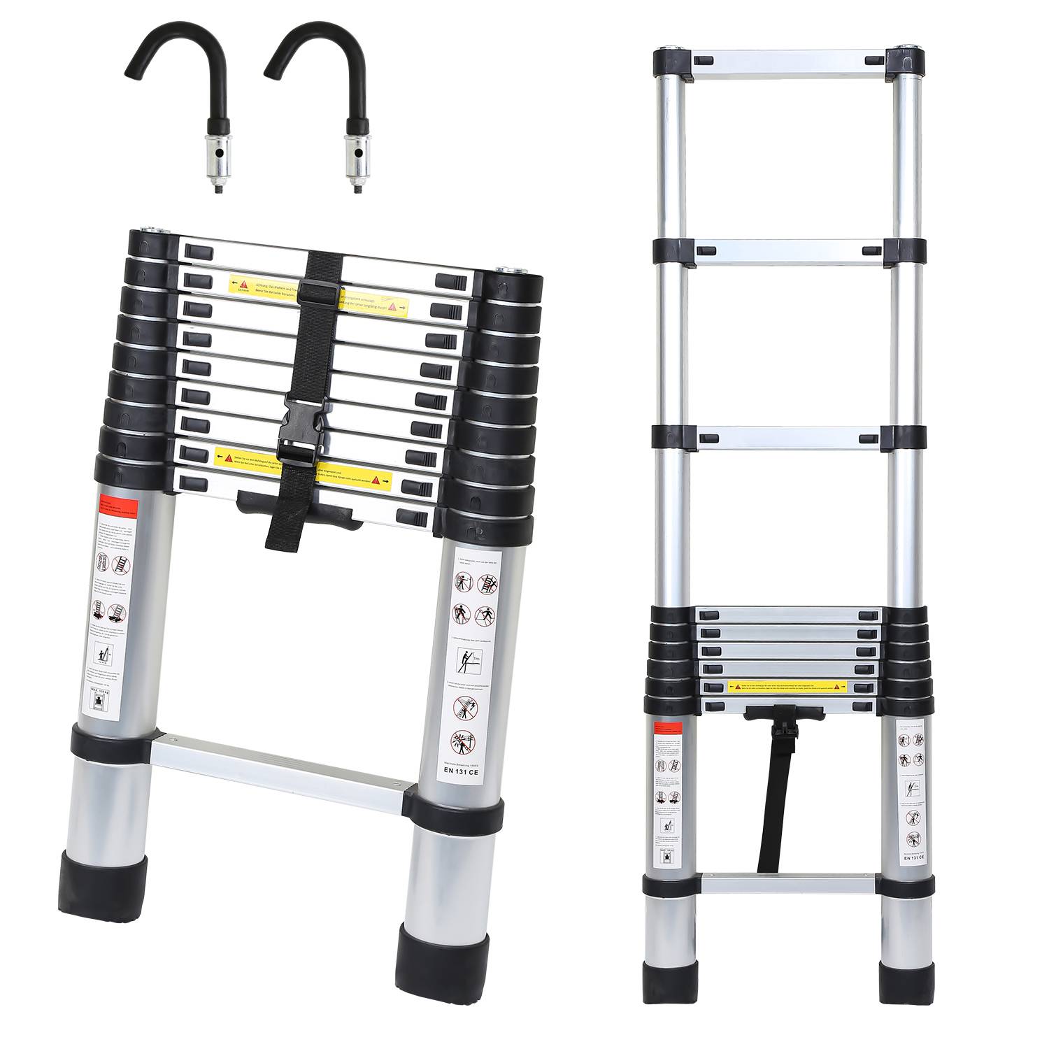 Teleskopleiter Alu Leichtgewicht Rutschfester 2,6m Silber + Haken Multifunktionsleiter Mehrzweckleiter Ausziehbare Leiter 15 Stufe Stehleiter aus