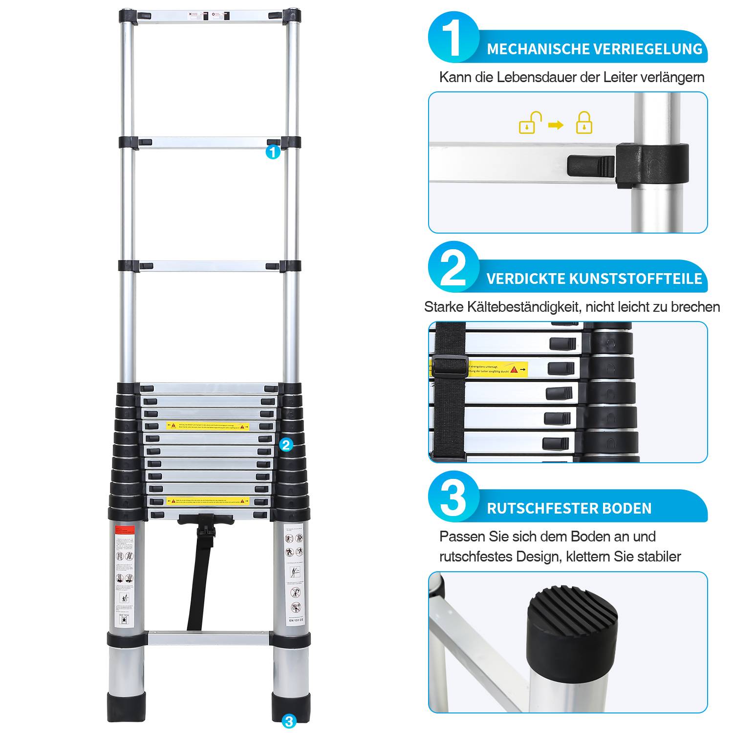 Teleskopleiter Silber 3.8m Mit Haken Ausziehleiter bis 150kg Stabil Aluminium Anlegeleiter Multifunktionsleiter Stehleiter