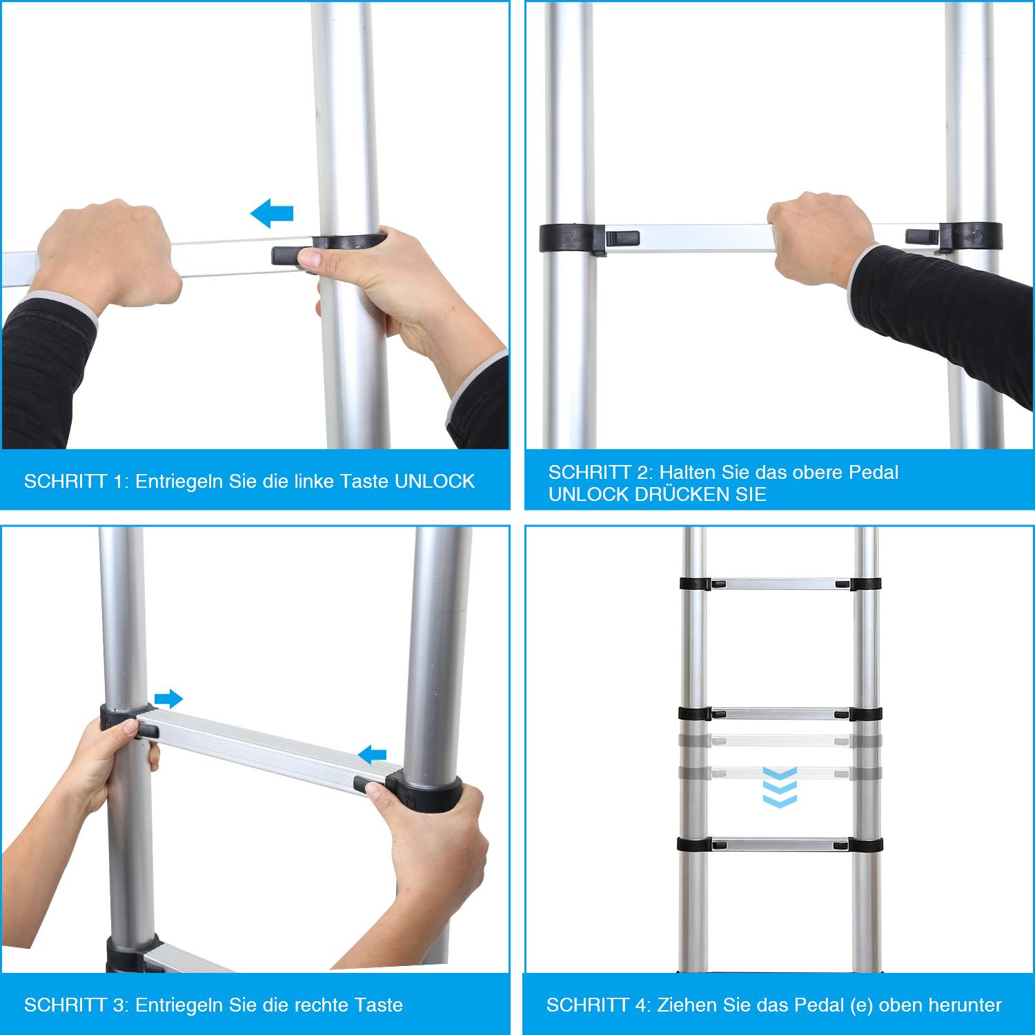 Teleskopleiter Silber 2.6m Mit Haken Ausziehleiter bis 150kg Stabil Aluminium Anlegeleiter Multifunktionsleiter Stehleiter