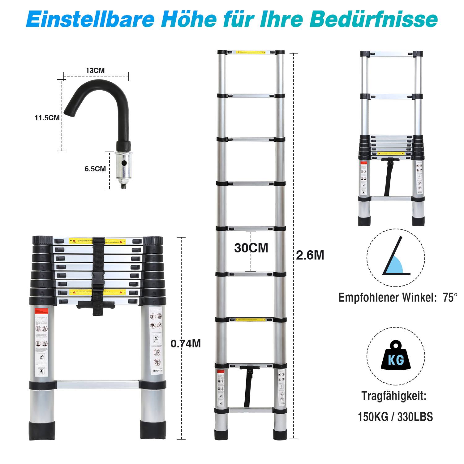 Teleskopleiter Alu Leichtgewicht Rutschfester 2,6m Silber + Haken Multifunktionsleiter Mehrzweckleiter Ausziehbare Leiter 15 Stufe Stehleiter aus