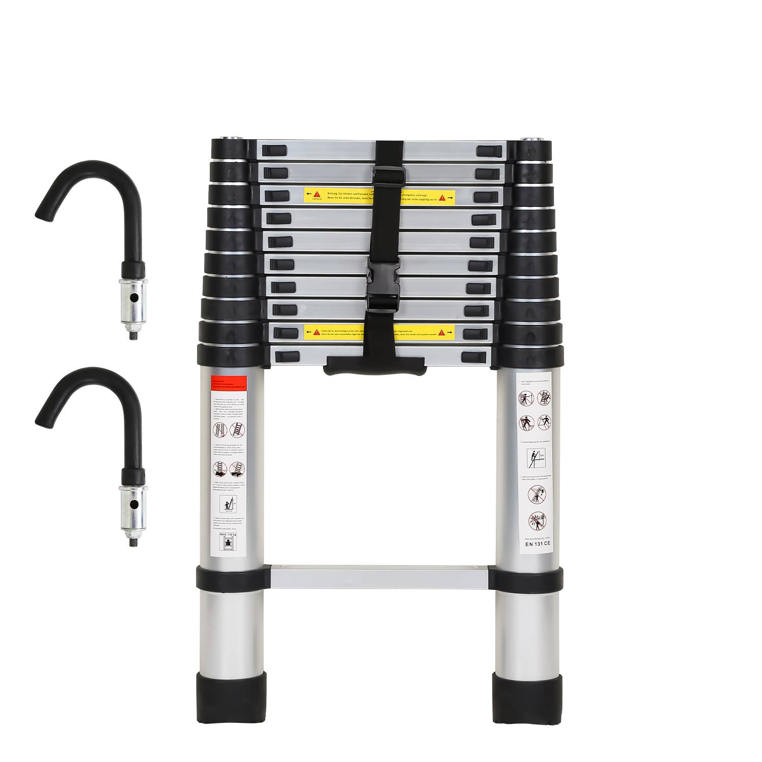 Teleskopleiter Alu Leichtgewicht Rutschfester 3,2m Silber + Haken Multifunktionsleiter Mehrzweckleiter Ausziehbare Leiter 15 Stufe Stehleiter aus