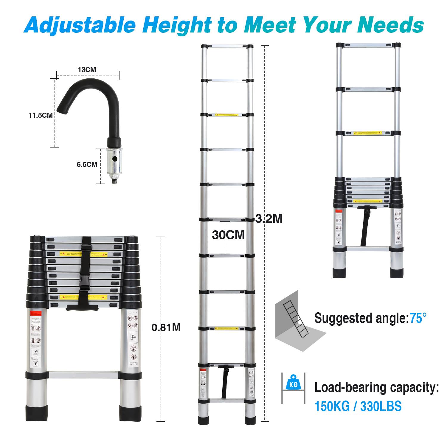 Teleskopleiter Alu Leichtgewicht Rutschfester 3,2m Silber + Haken Multifunktionsleiter Mehrzweckleiter Ausziehbare Leiter 15 Stufe Stehleiter aus