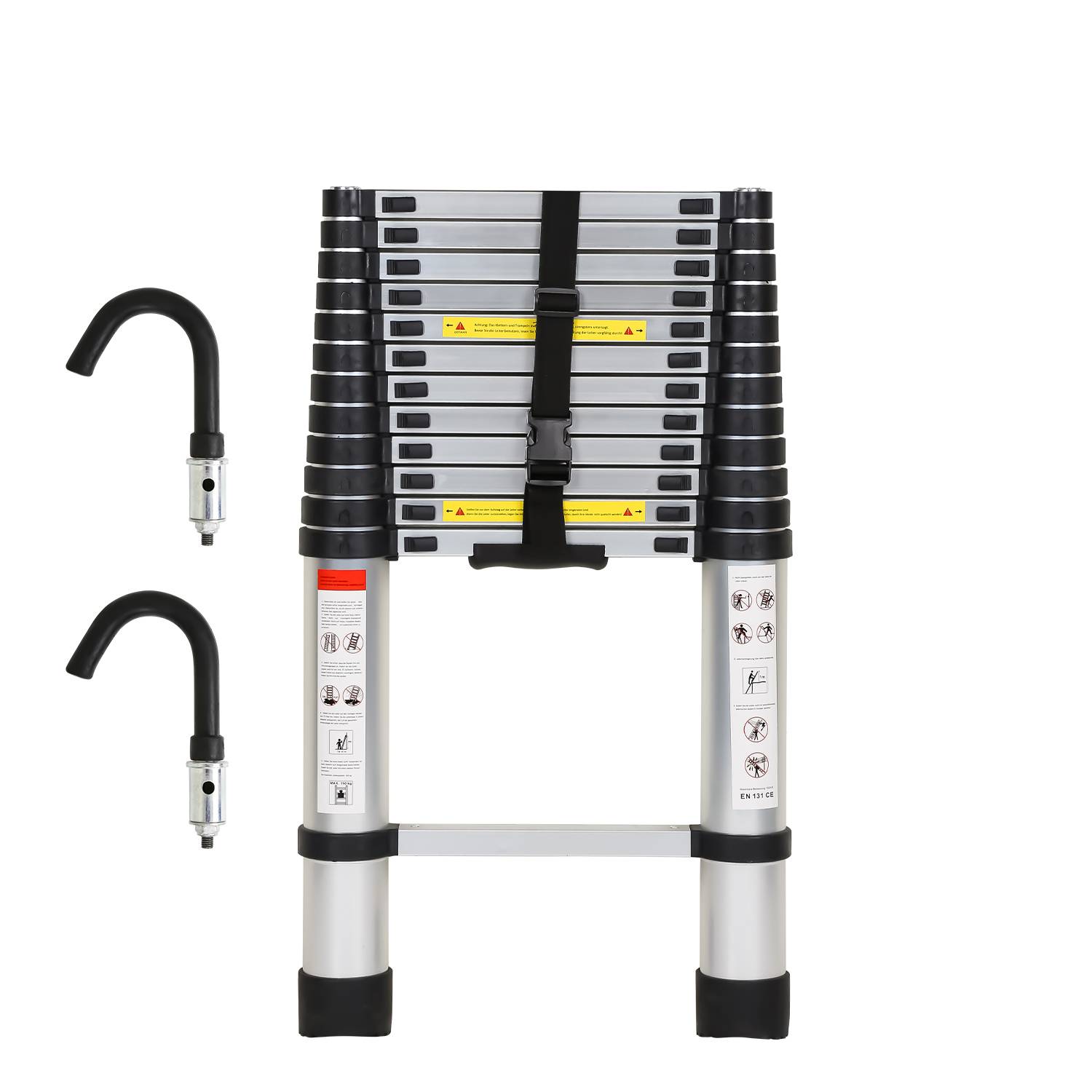 Teleskopleiter Silber 3.8m Mit Haken Ausziehleiter bis 150kg Stabil Aluminium Anlegeleiter Multifunktionsleiter Stehleiter