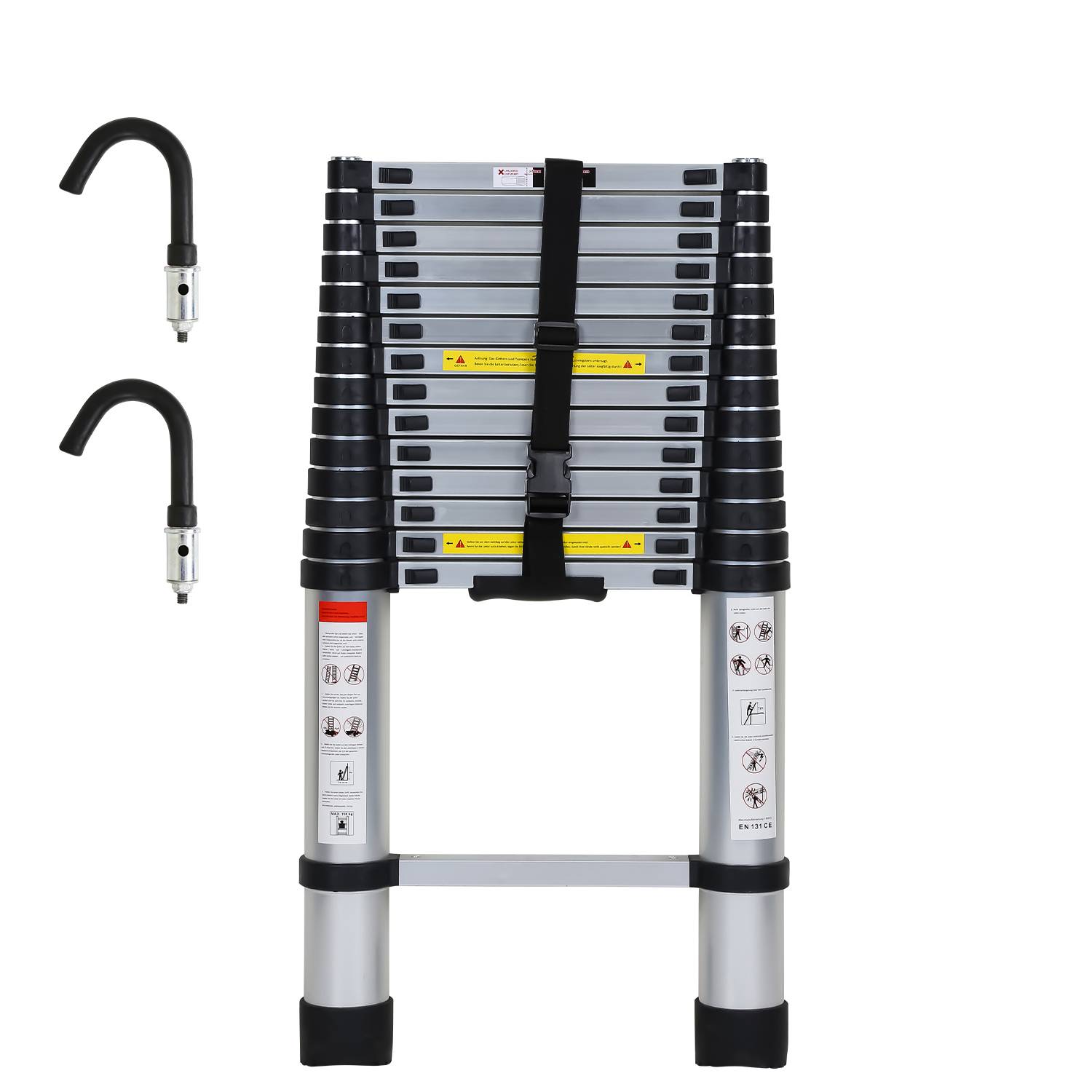 Teleskopleiter Silber 4.4m Mit Haken Ausziehleiter bis 150kg Stabil Aluminium Anlegeleiter Multifunktionsleiter Stehleiter