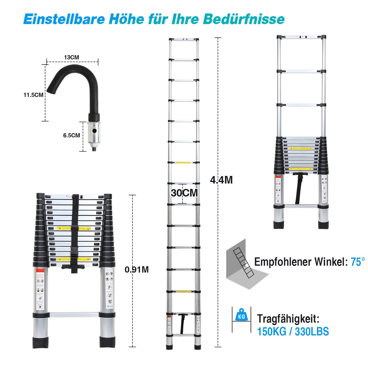 Teleskopleiter Alu Leichtgewicht Rutschfester 4,4m Silber+Haken Multifunktionsleiter Mehrzweckleiter Ausziehbare Leiter 15 Stufe Stehleiter aus