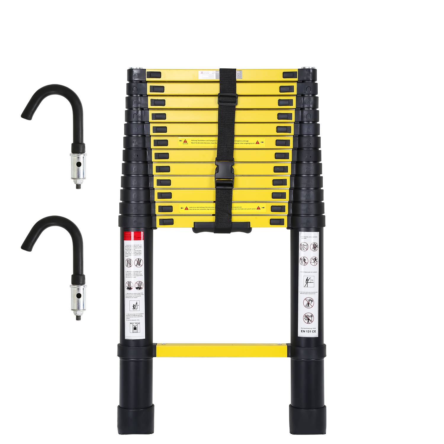 Teleskopleiter Alu Leichtgewicht Rutschfester 3,8m schwarz + Haken Multifunktionsleiter Mehrzweckleiter Ausziehbare Leiter 15 Stufe Stehleiter aus