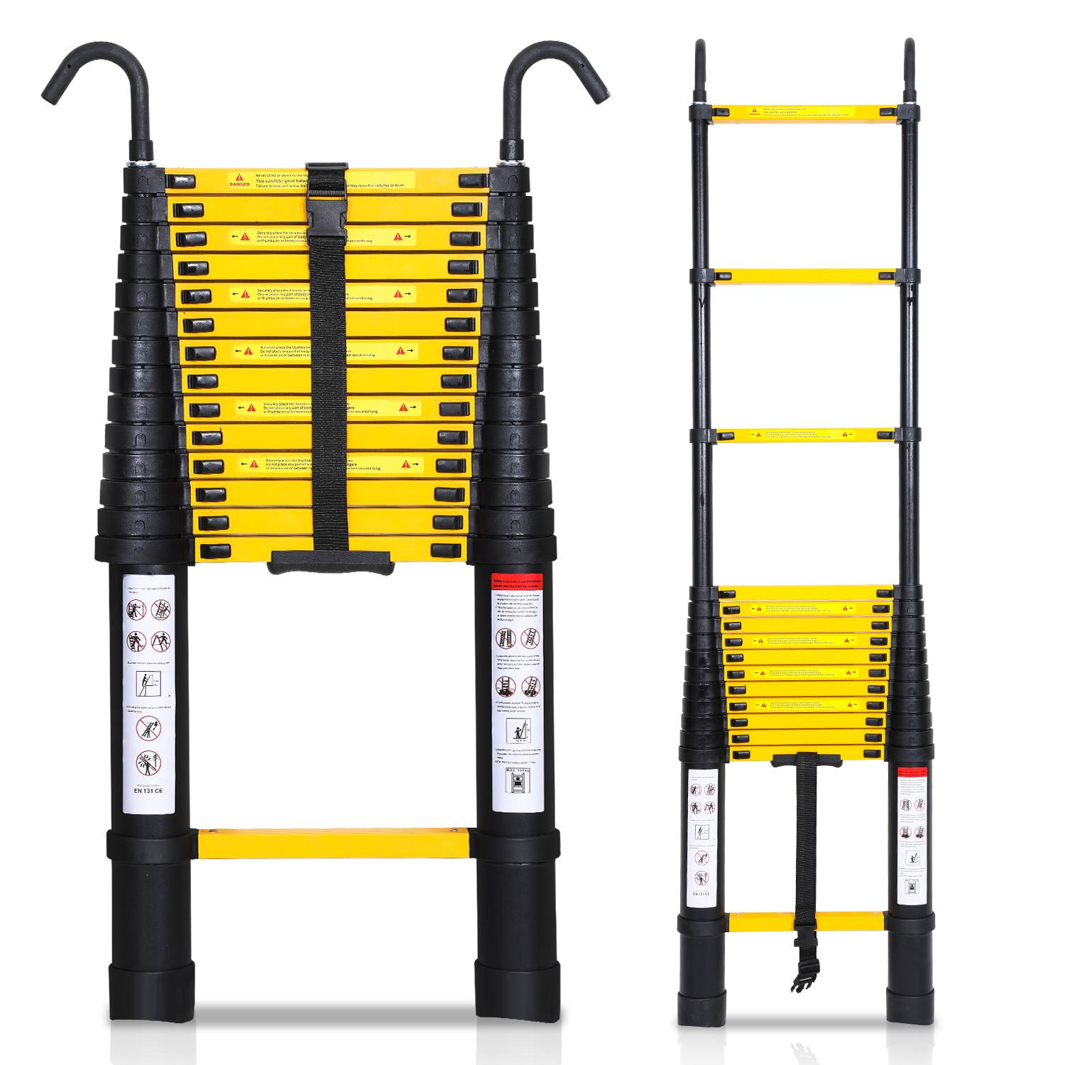 Teleskopleiter schwarz 4.4m Mit Haken Ausziehleiter bis 150kg Stabil Aluminium Anlegeleiter Multifunktionsleiter Stehleiter