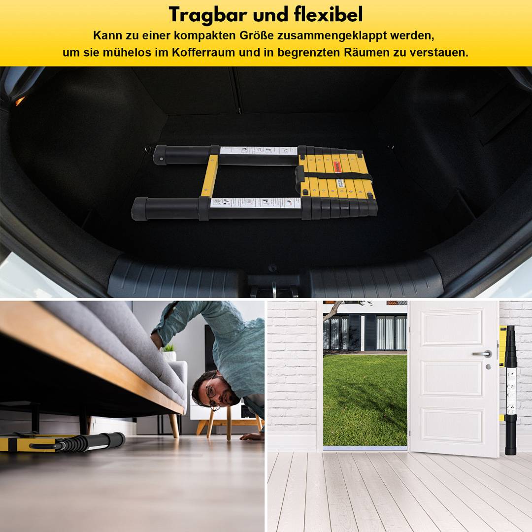 Zusammenklappbare Teleskopleiter, kompakt im Kofferraum eines Autos verstaut, mit Detailansichten zur Verwendung unter einem Bett und neben einer Türöffnung.