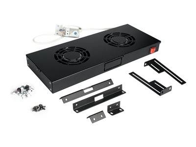 Schwarzes Kühlgebläsesystem mit zwei Lüftern, Ein-/Ausschalter und Befestigungsmaterial, entwickelt für die Verwendung in geschlossenen Räumen zur Belüftung.