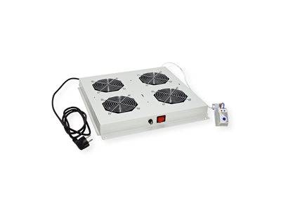 Deckenventilator mit vier kreisförmigen Lüftungsöffnungen und einem angebrachten Bedienungsschalter, ausgelegt zur Belüftung, mit Stromkabel und Stecker dargestellt.