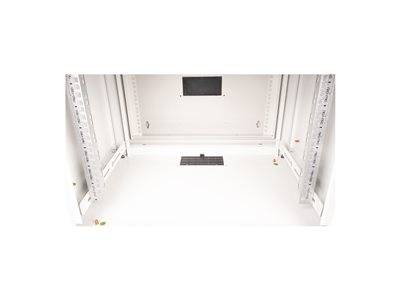 Ein leerer weißer Metallschrank, möglicherweise für Serverausrüstung, mit Montageschienen und einer kleinen Lüftungsöffnung auf der Rückseite, von vorne betrachtet.