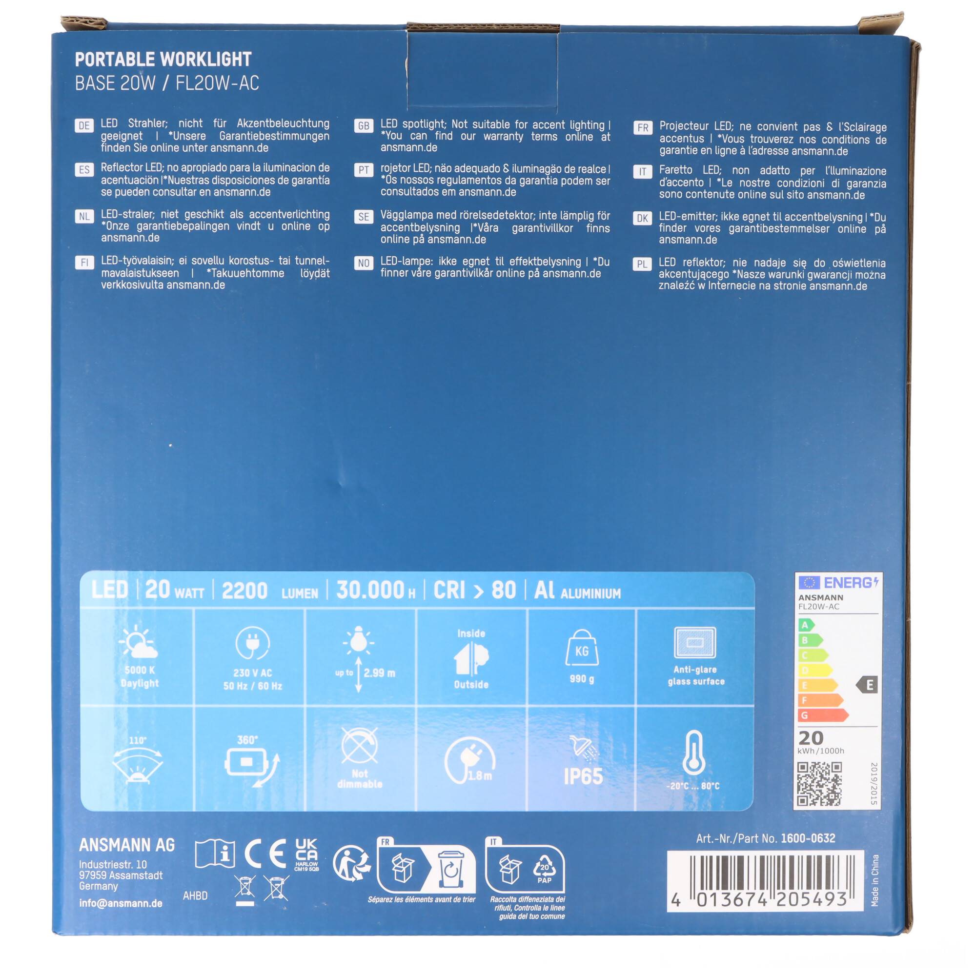 LED-Baustrahler FL20W-AC mit bis zu 2200 Lumen, tragbarer Arbeitsscheinwerfer, Kabellänge 1,8 Meter, 360° verstellbar