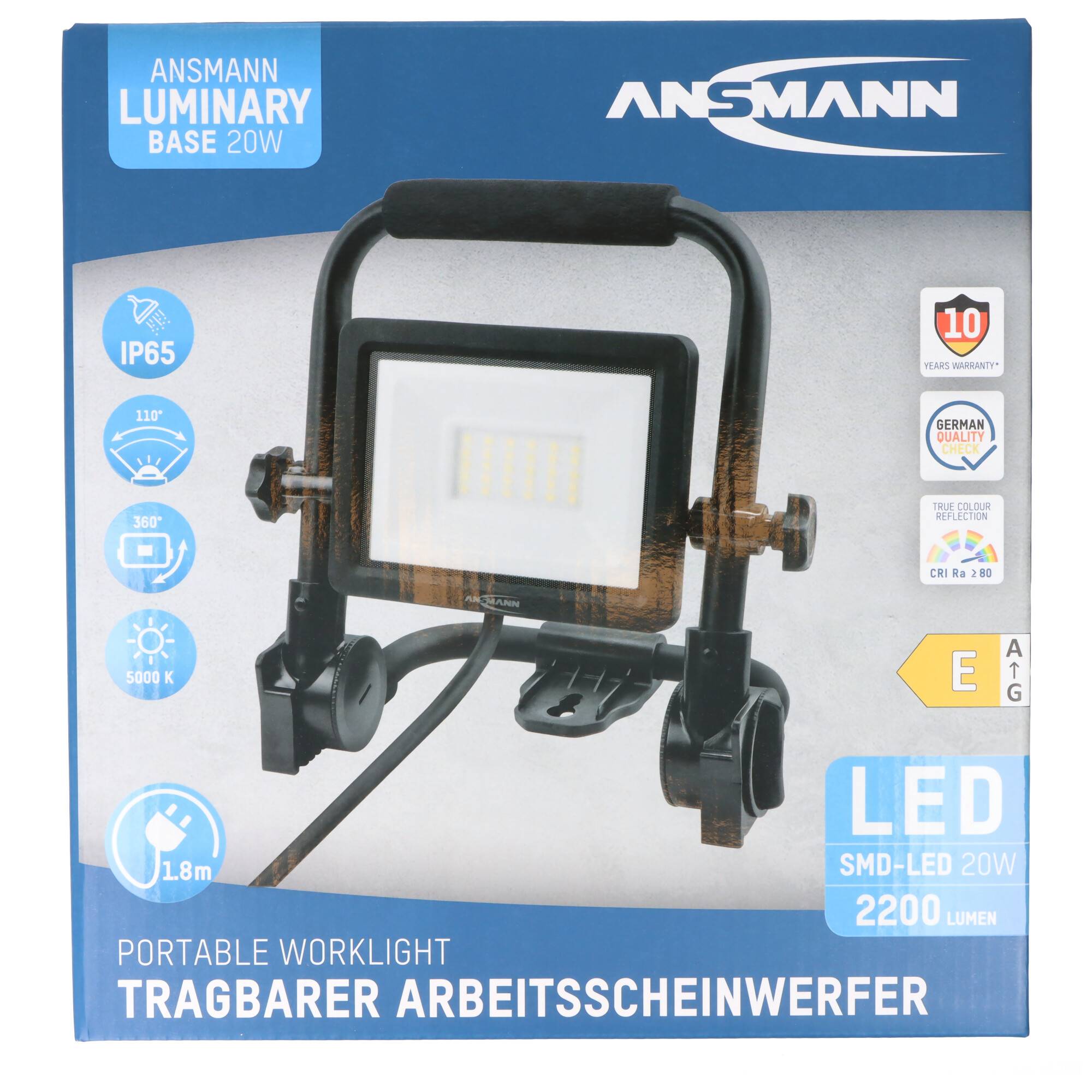 LED-Baustrahler FL20W-AC mit bis zu 2200 Lumen, tragbarer Arbeitsscheinwerfer, Kabellänge 1,8 Meter, 360° verstellbar