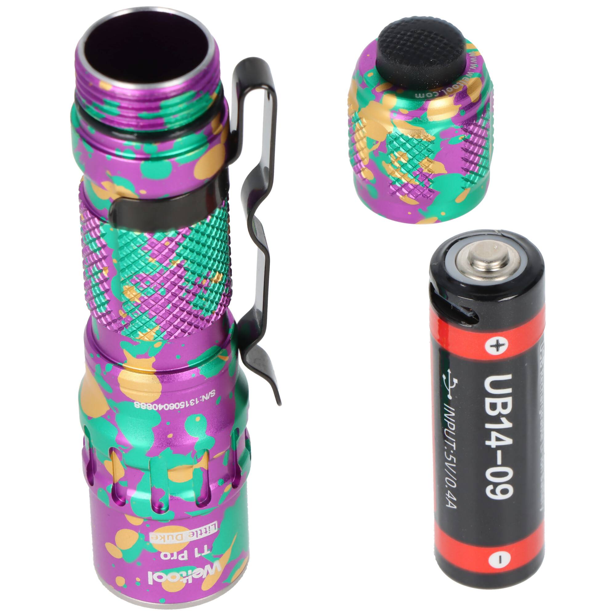 Weltool T1 Pro V2 LED-Taschenlampe mit bis zu 550 Lumen, Mini-Leuchte, farbenfrohes Design, inkl. 14500 Li-Ion Akku