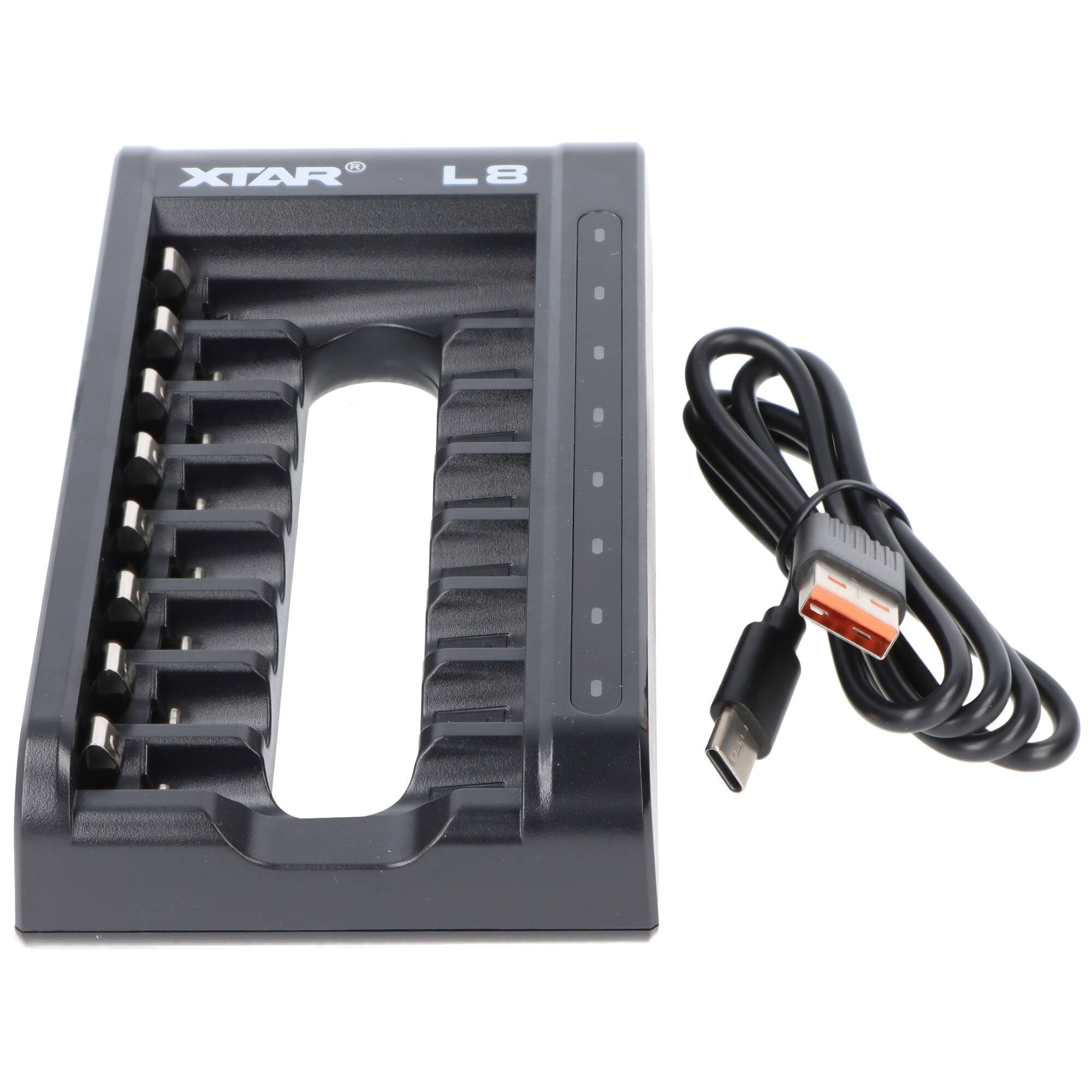 L8 Schnell-Ladegerät für 1,5V Li-Ionen und 1,2V NiMH AA, AAA Akkus, mit 8 Ladeschächten, inkl. 8x AAA 1,5V Akkus, ohne N