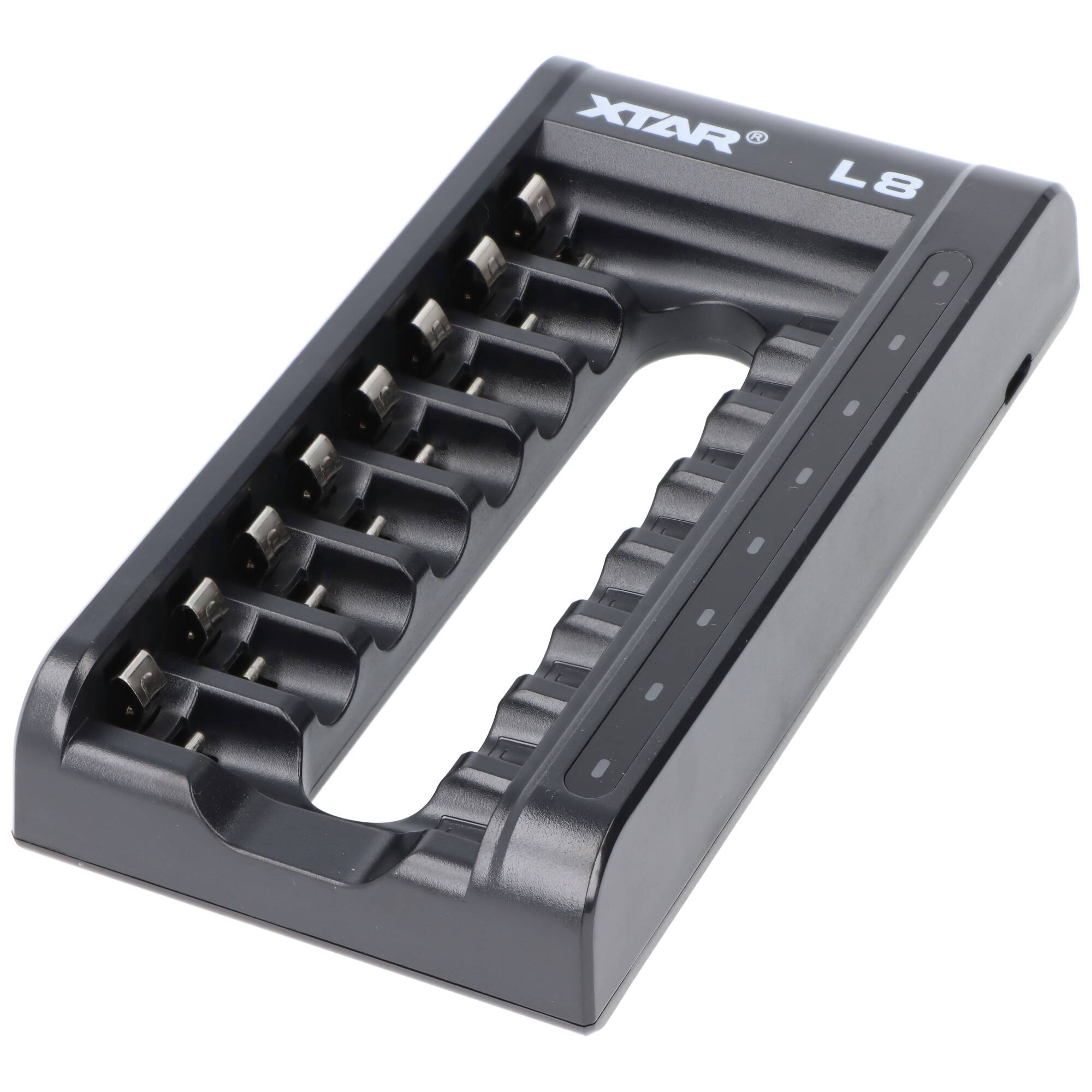 L8 Schnell-Ladegerät für 1,5V Li-Ionen und 1,2V NiMH AA, AAA Akkus, mit 8 Ladeschächten, ohne Akkus und ohne Netzteil