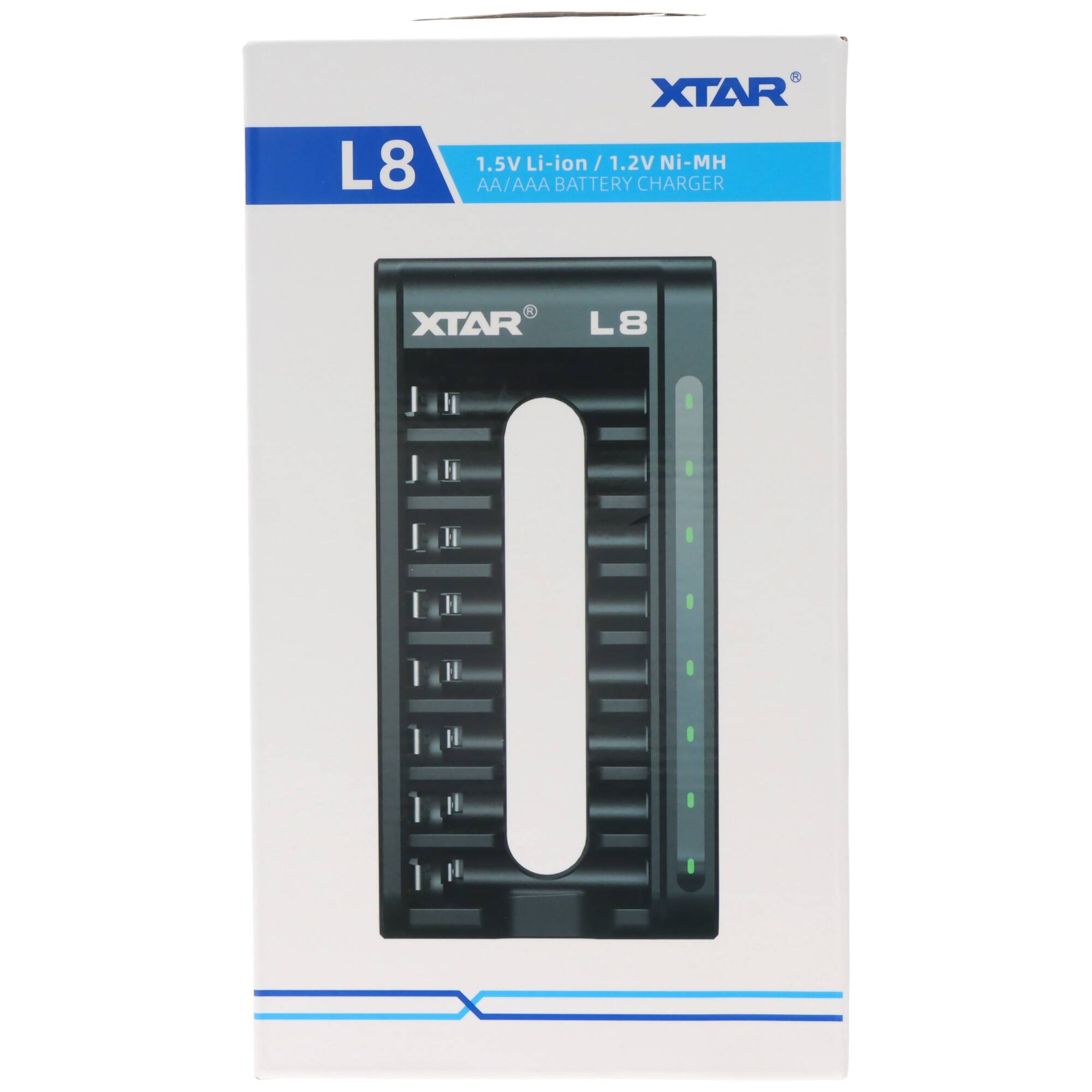 L8 / BC8 Schnell-Ladegerät für 1,5V Li-Ionen und 1,2V NiMH AA, AAA Akkus, mit 8 Ladeschächten, ohne Akkus, ohne Netzteil