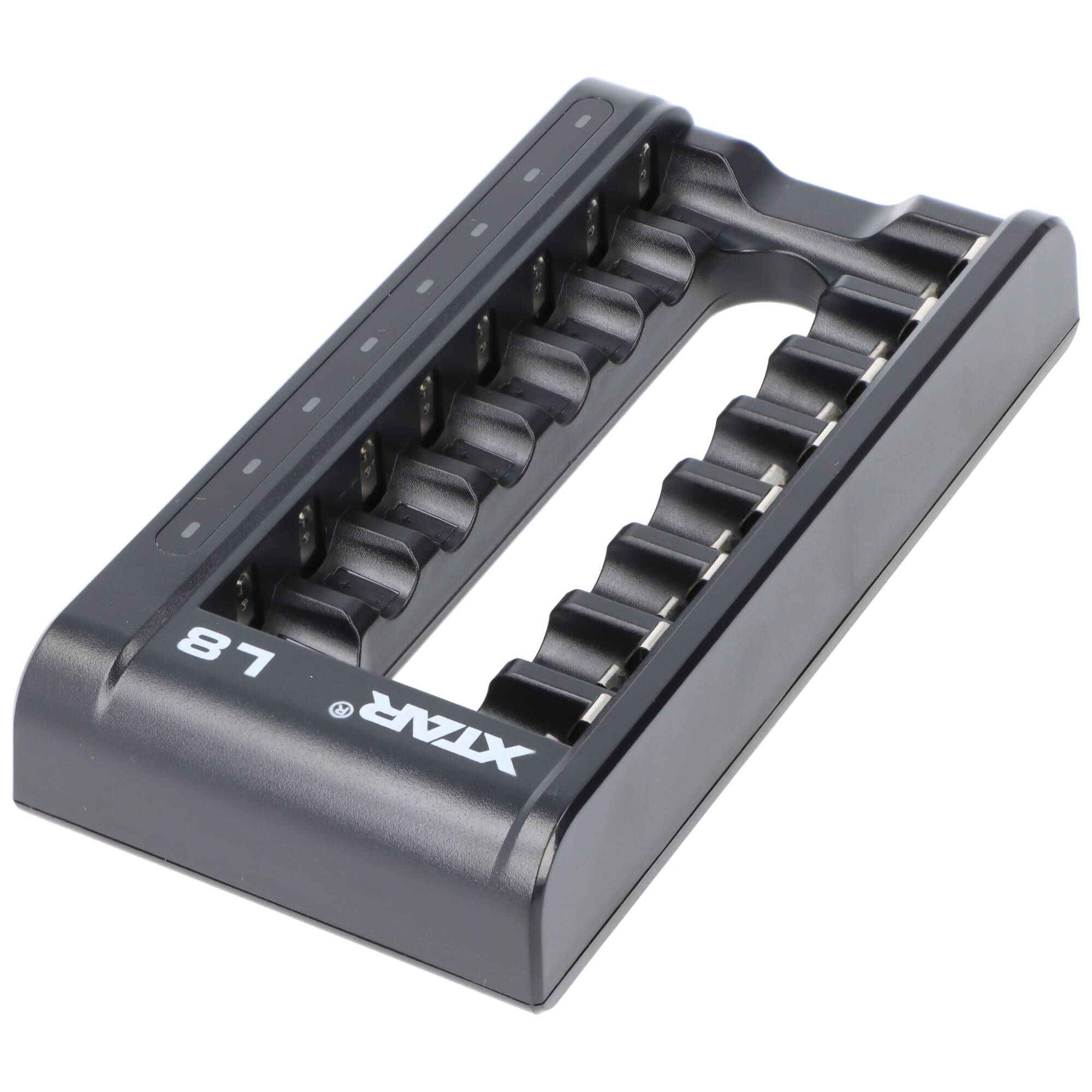 L8 Schnell-Ladegerät für 1,5V Li-Ionen und 1,2V NiMH AA, AAA Akkus, mit 8 Ladeschächten, ohne Akkus und ohne Netzteil