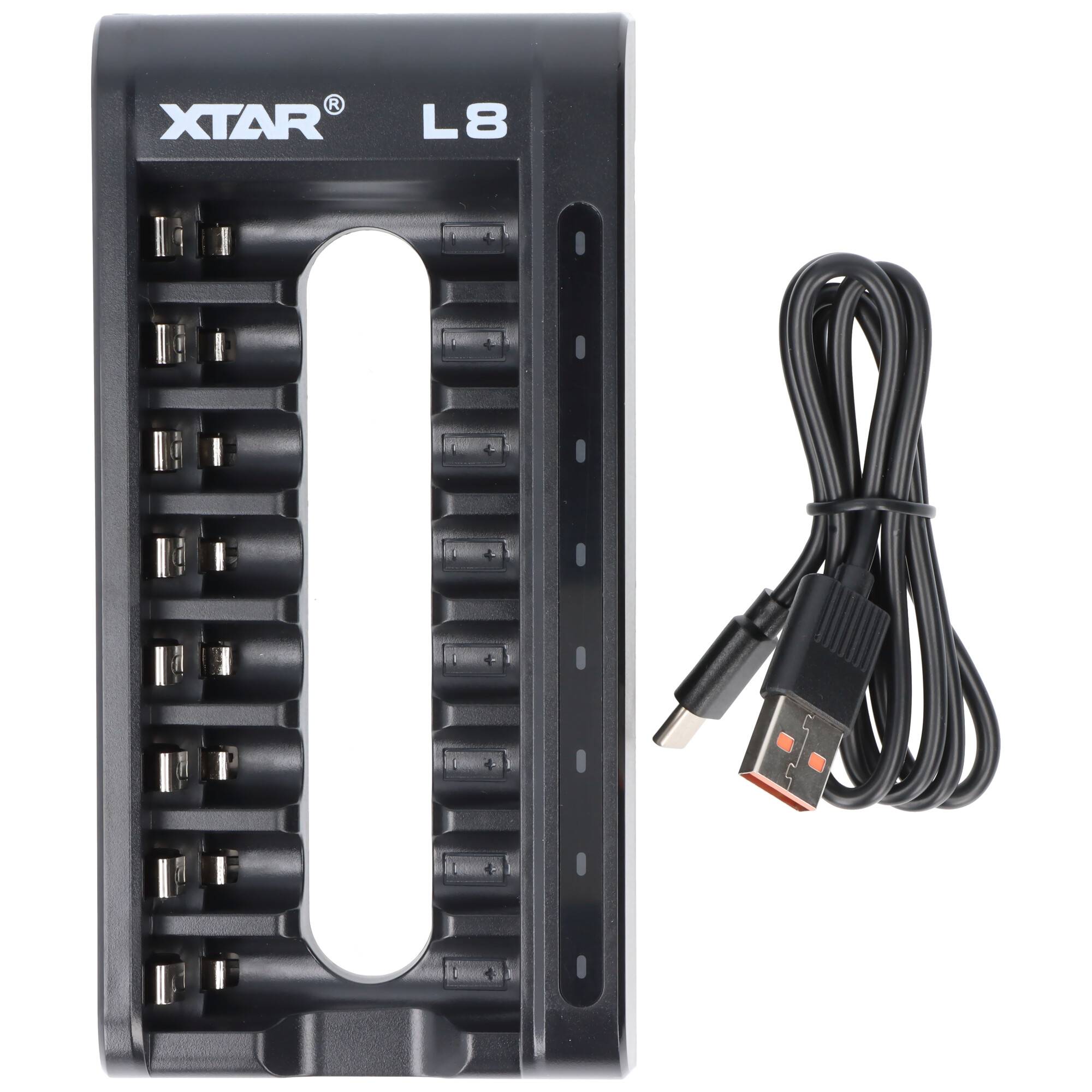 L8 / BC8 Schnell-Ladegerät für 1,5V Li-Ionen und 1,2V NiMH AA, AAA Akkus, mit 8 Ladeschächten, ohne Akkus, ohne Netzteil