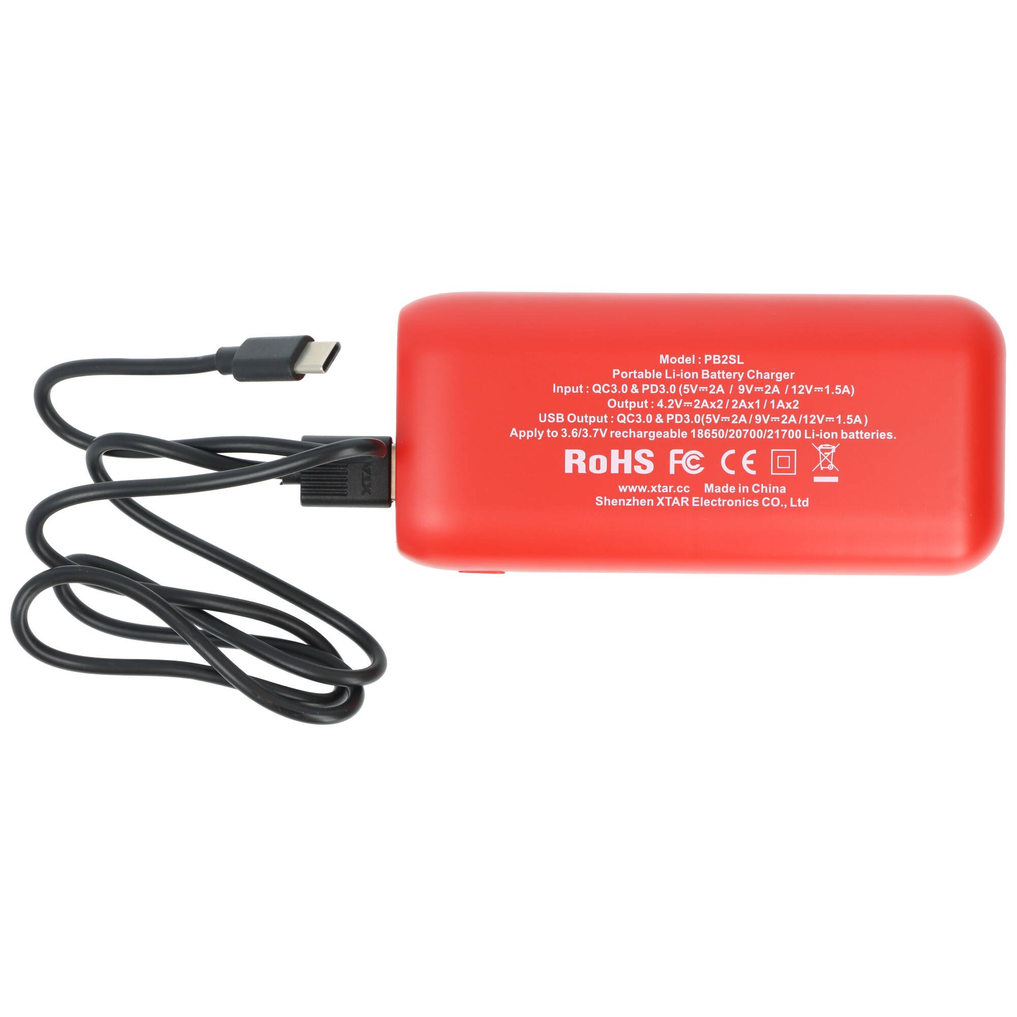 XTAR PB2SL 2-fach Ladegerät und Powerbank, für Li-Ionen Akkus, mit Display, für 18650, 21700 geschützte Akkus, QC3.0, PD