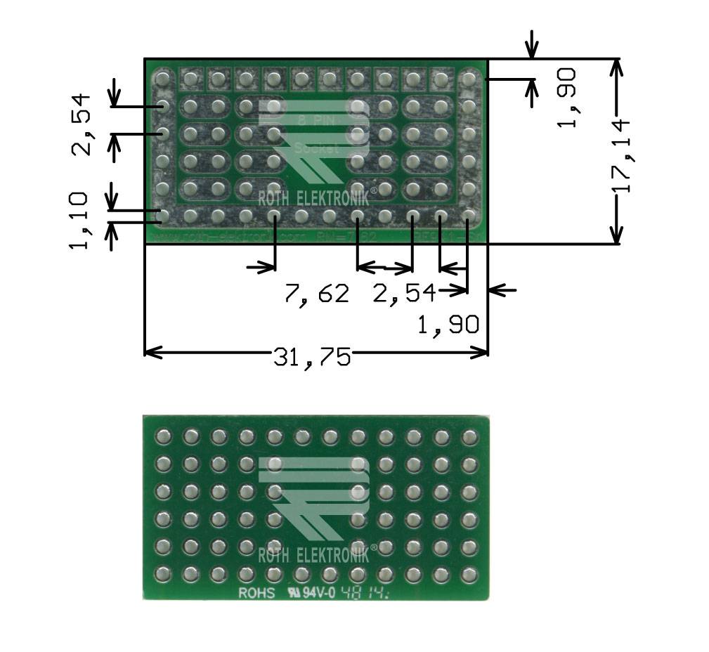 Roth Elektronik RE941-S1 Lötbares Bread Board 8-Pin-Sockel 31,75 x 17,14 mm