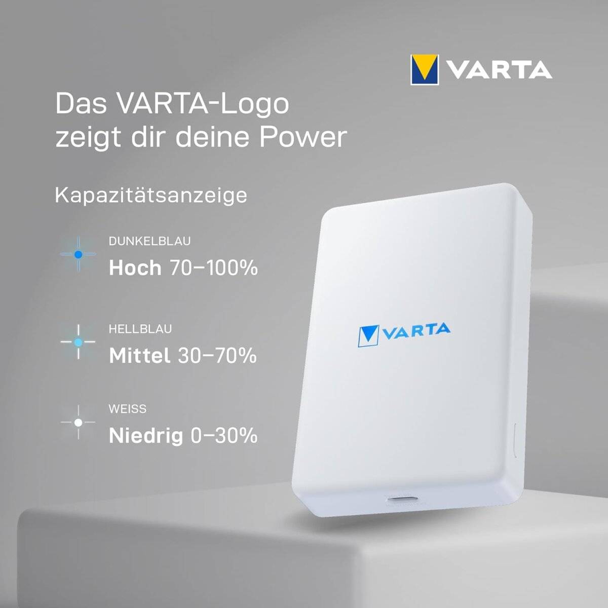 Varta Akku Powerbank 5.000 mAh mit WIreless Charger und USB Typ-C Anschluss in Weiß