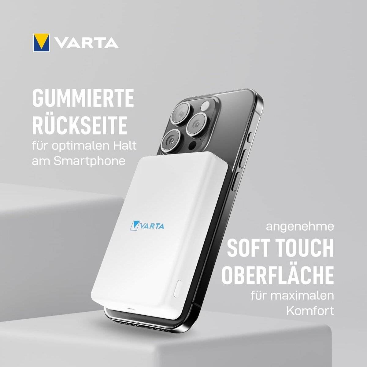 Varta Akku Powerbank 5.000 mAh mit WIreless Charger und USB Typ-C Anschluss in Weiß
