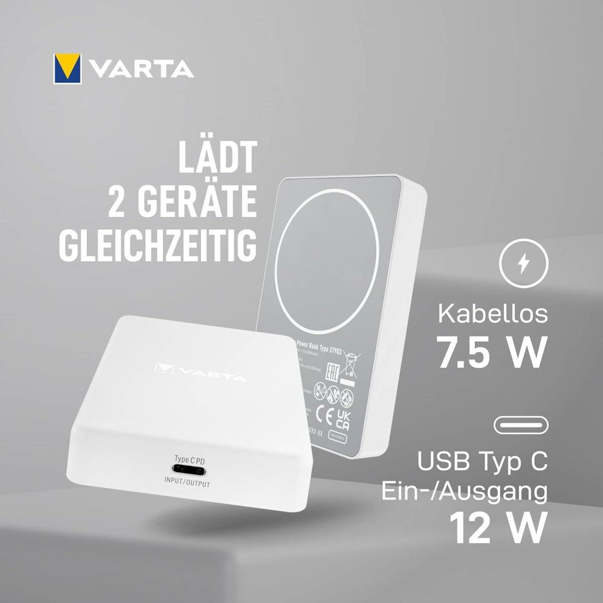 Varta Akku Powerbank 5.000 mAh mit WIreless Charger und USB Typ-C Anschluss in Weiß