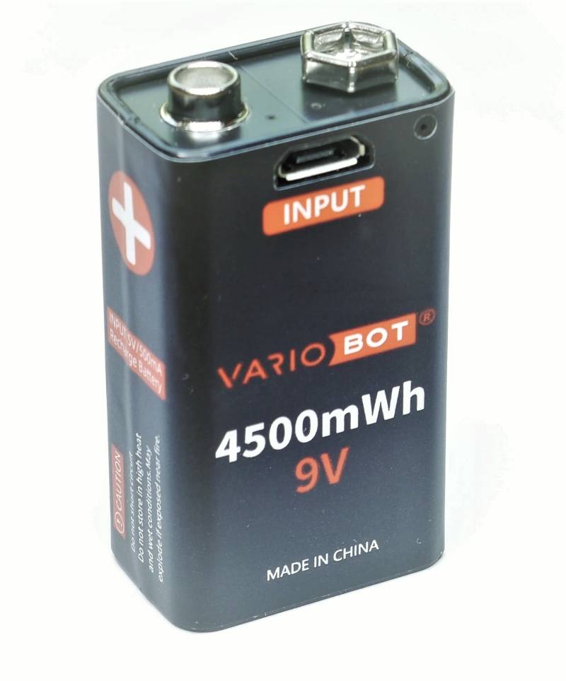 Lithium-Ionen Akku 9 V / 500 mAh / 4500 mWh USB-Block-Akku von VARIOBOT