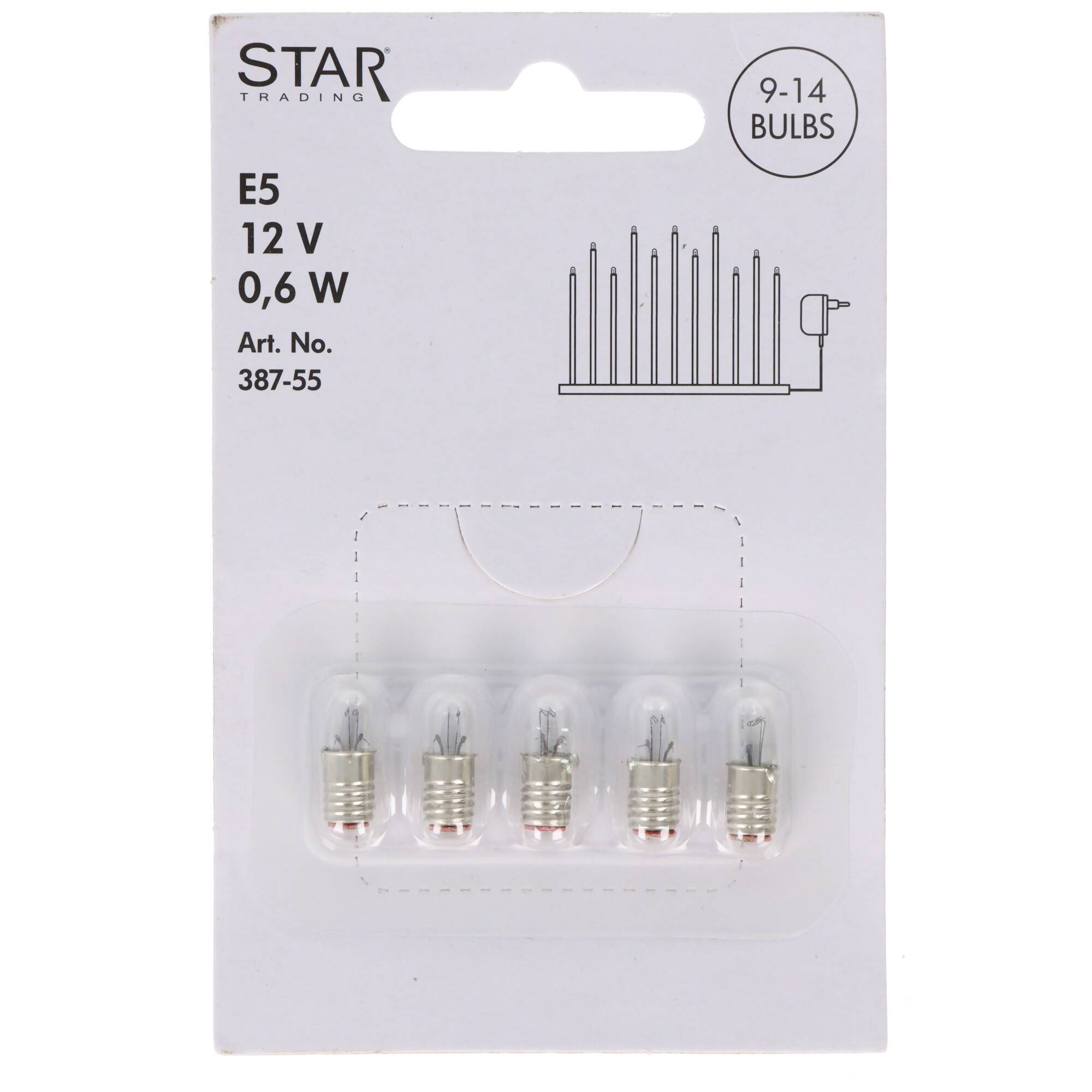 Packung mit STAR TRADING E5 Glühbirnen, 12 V 0,6 W, mit 5 sichtbaren Glühbirnen in einer Blisterpackung; das Etikett sagt „9-14 GLÜHBIRNEN