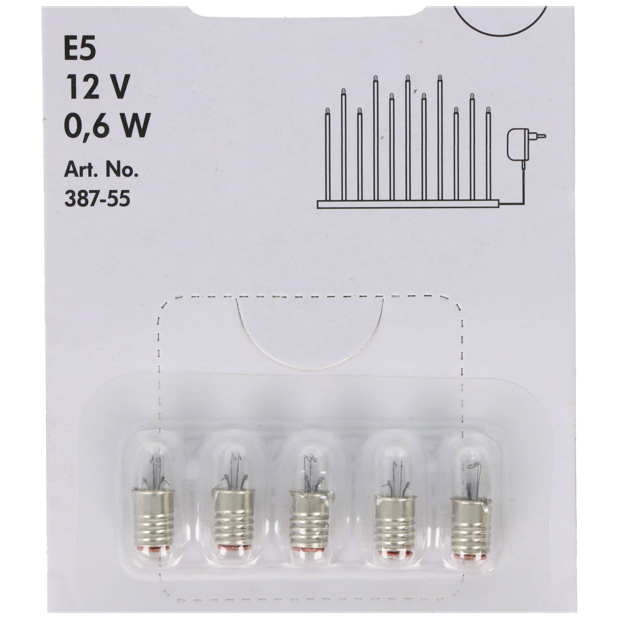 Verpackung für fünf E5 12V 0,6W Glühbirnen, mit Produktabbildung und Artikelnummer 387-55.