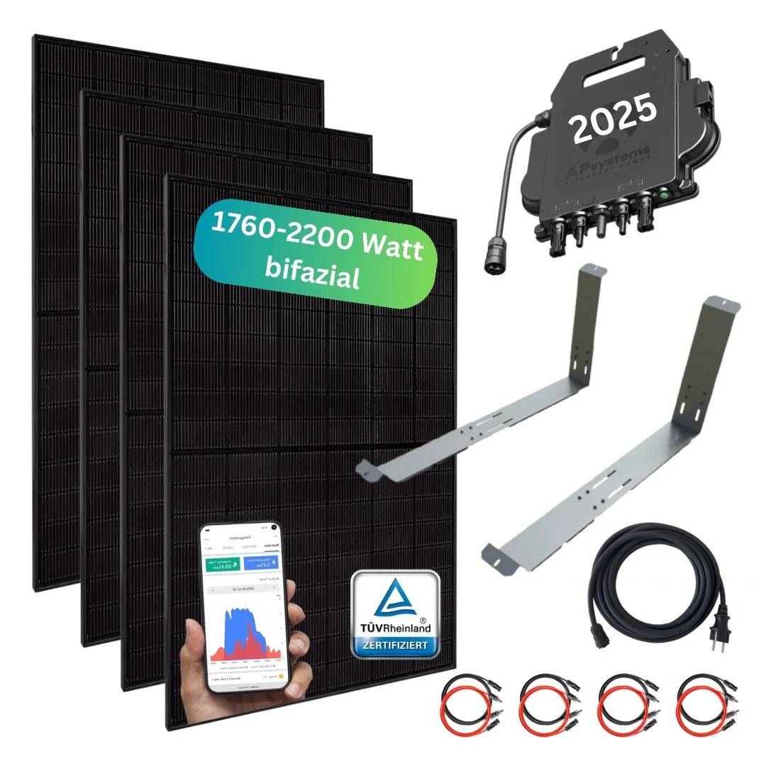 MyVoltaics® MyCarport 1760+ Watt/Wp Balkonkraftwerk, 4 Module bifazial, Hoymiles WR WLAN 800 Watt Ausgang, Flachdach, Garage, Carport, 15m