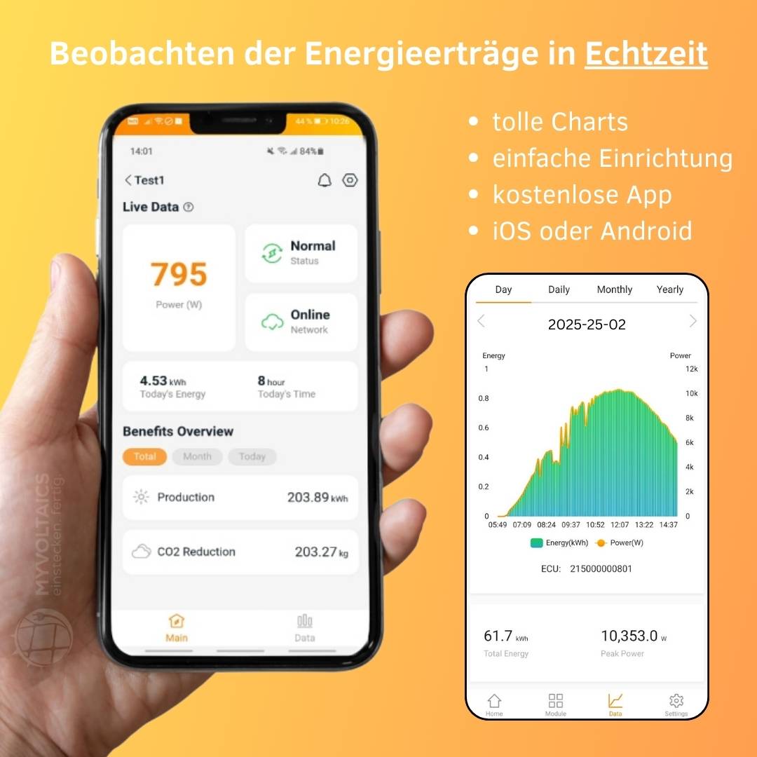 MyVoltaics® MyPfannendach 880+ Watt/Wp Balkonkraftwerk für Ziegeldach, 2 Module bifazial, Hoymiles WR WLAN 800 Watt Ausgang, 15m