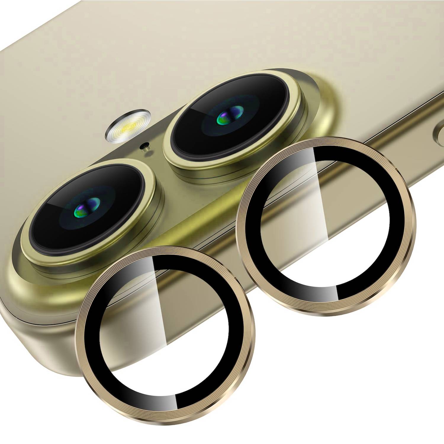 Für Apple iPhone 16 / 16 Plus Aluminium Ring Kamera + H9 Tempered Hart Glas Gold
