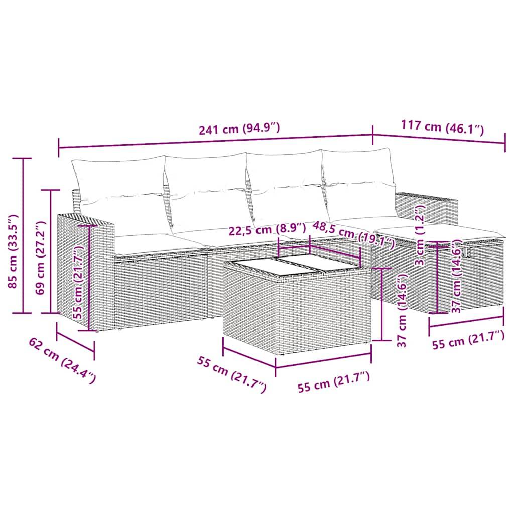 vidaXL 6-tlg. Garten-Sofagarnitur mit Kissen Beige Poly Rattan