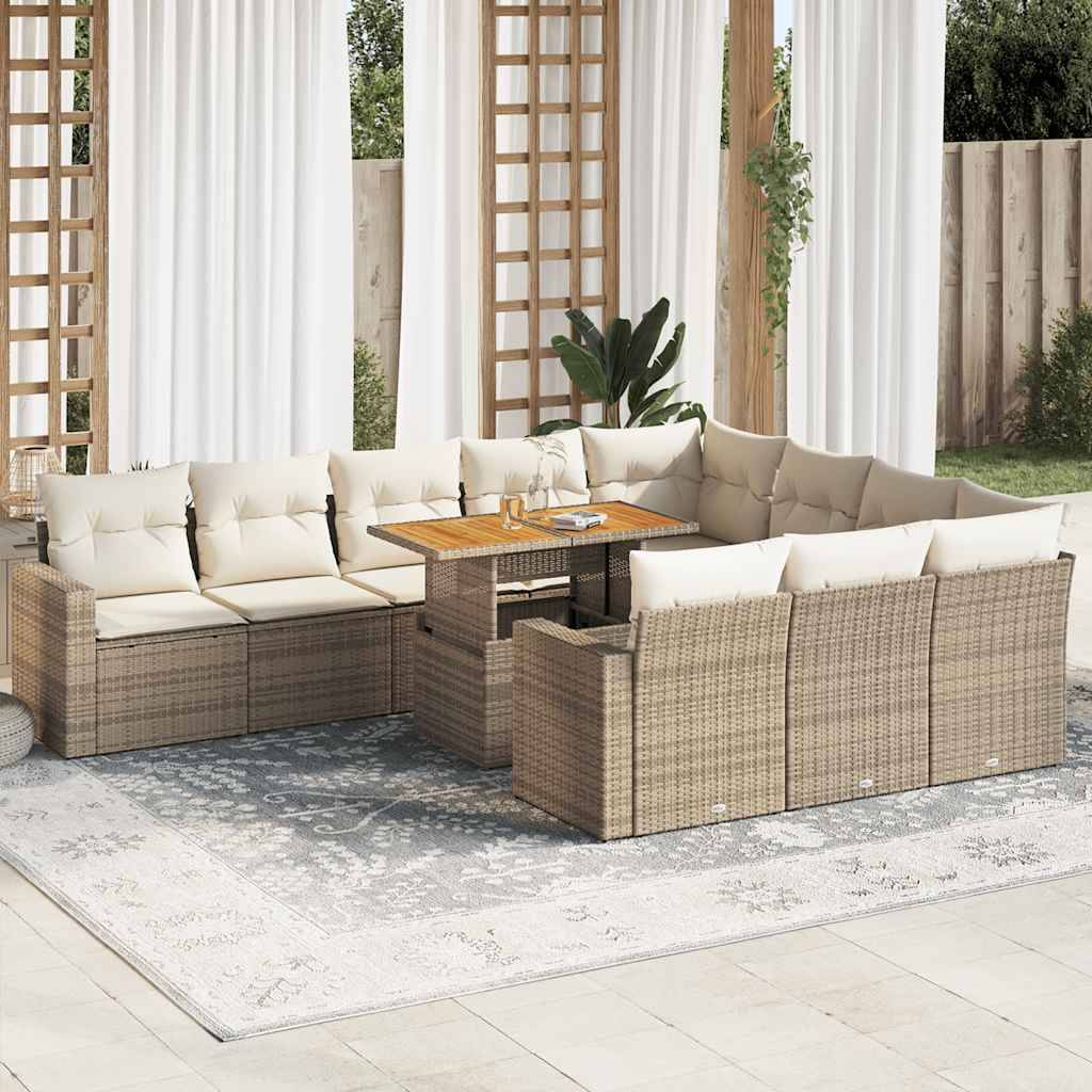 vidaXL 11-tlg. Garten-Sofagarnitur mit Kissen Beige Poly Rattan