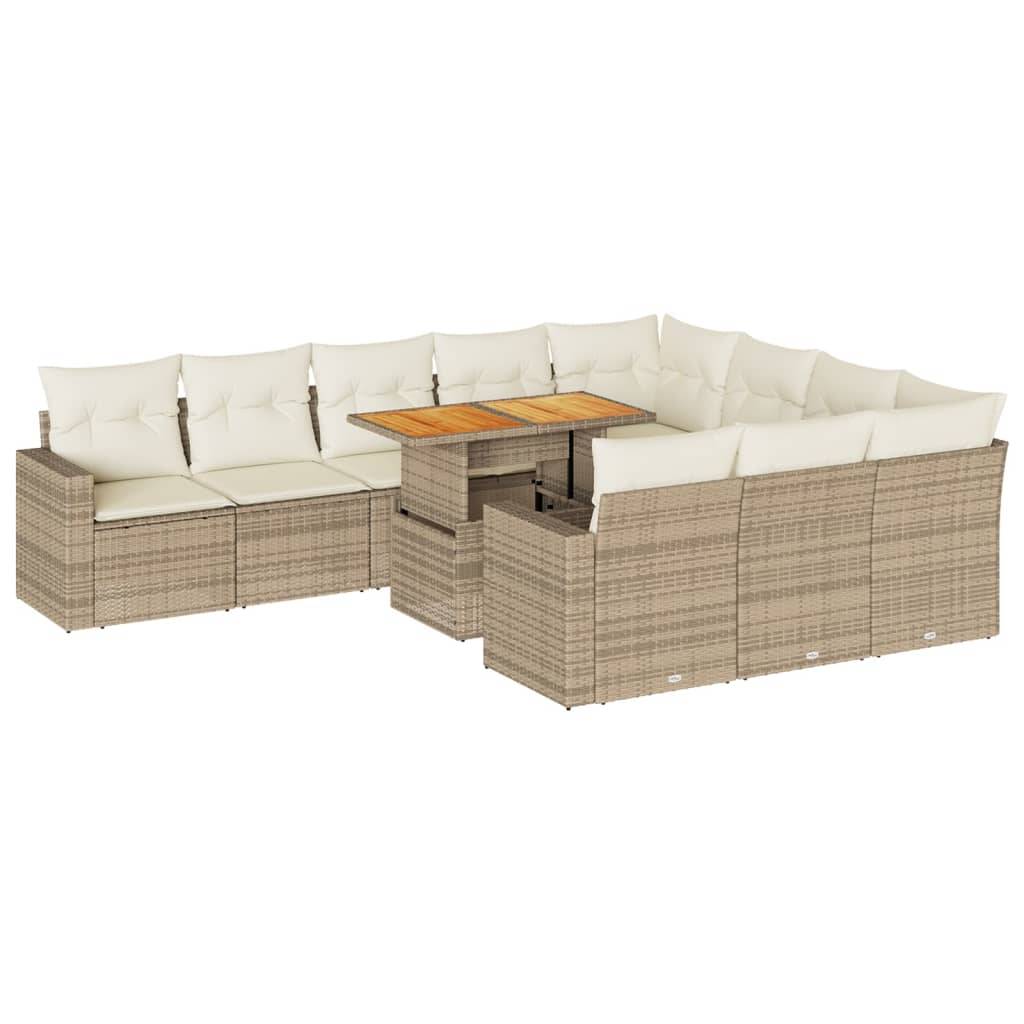 vidaXL 11-tlg. Garten-Sofagarnitur mit Kissen Beige Poly Rattan