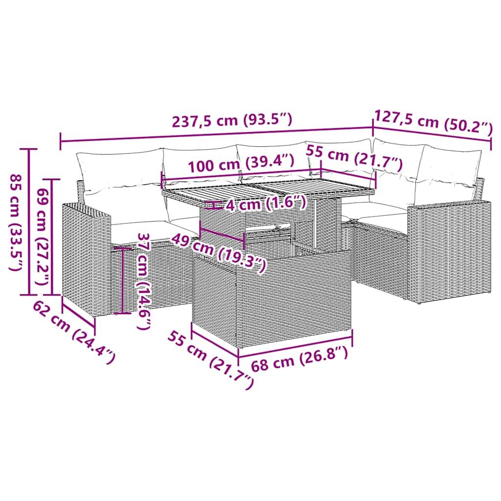 vidaXL 6-tlg. Garten-Sofagarnitur mit Kissen Beige Poly Rattan