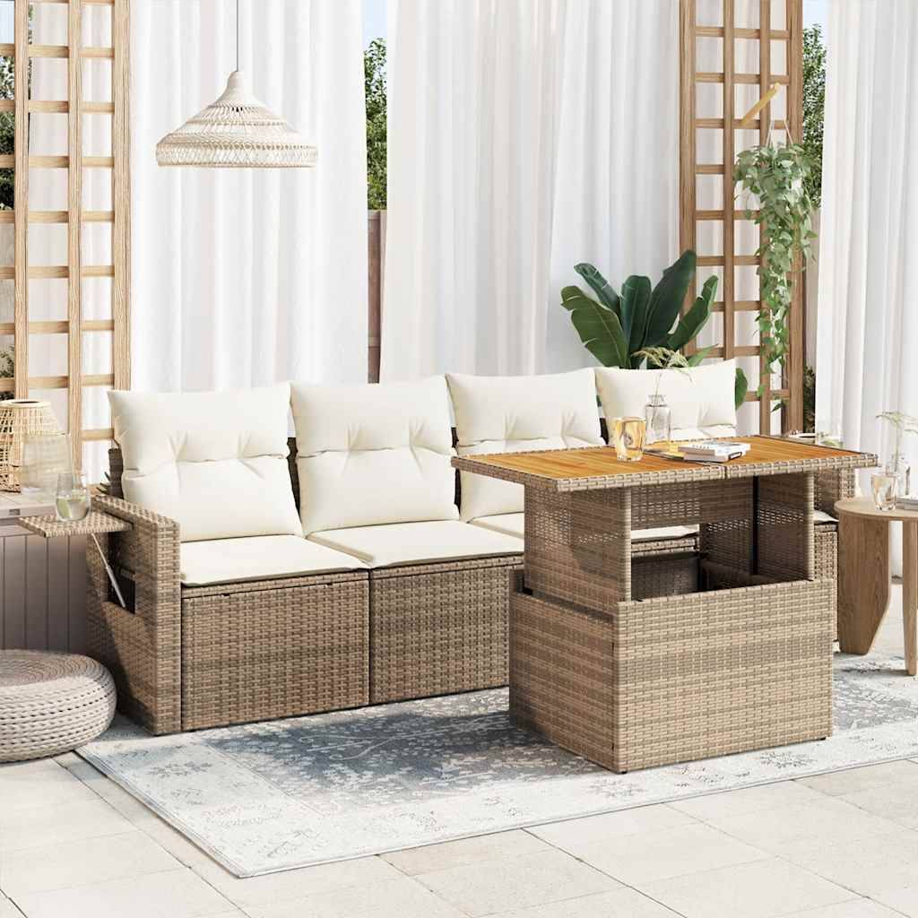 vidaXL 5-tlg. Garten-Sofagarnitur mit Kissen Beige Poly Rattan