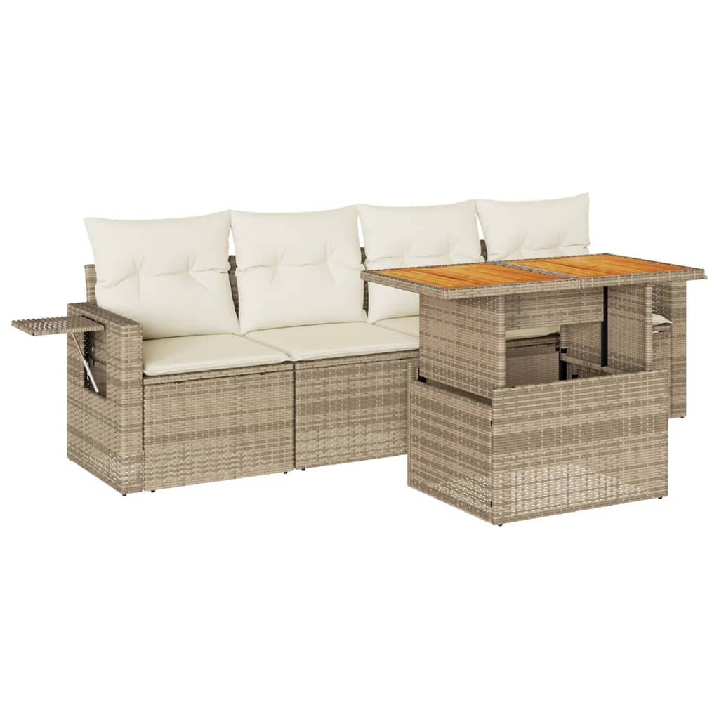 vidaXL 5-tlg. Garten-Sofagarnitur mit Kissen Beige Poly Rattan