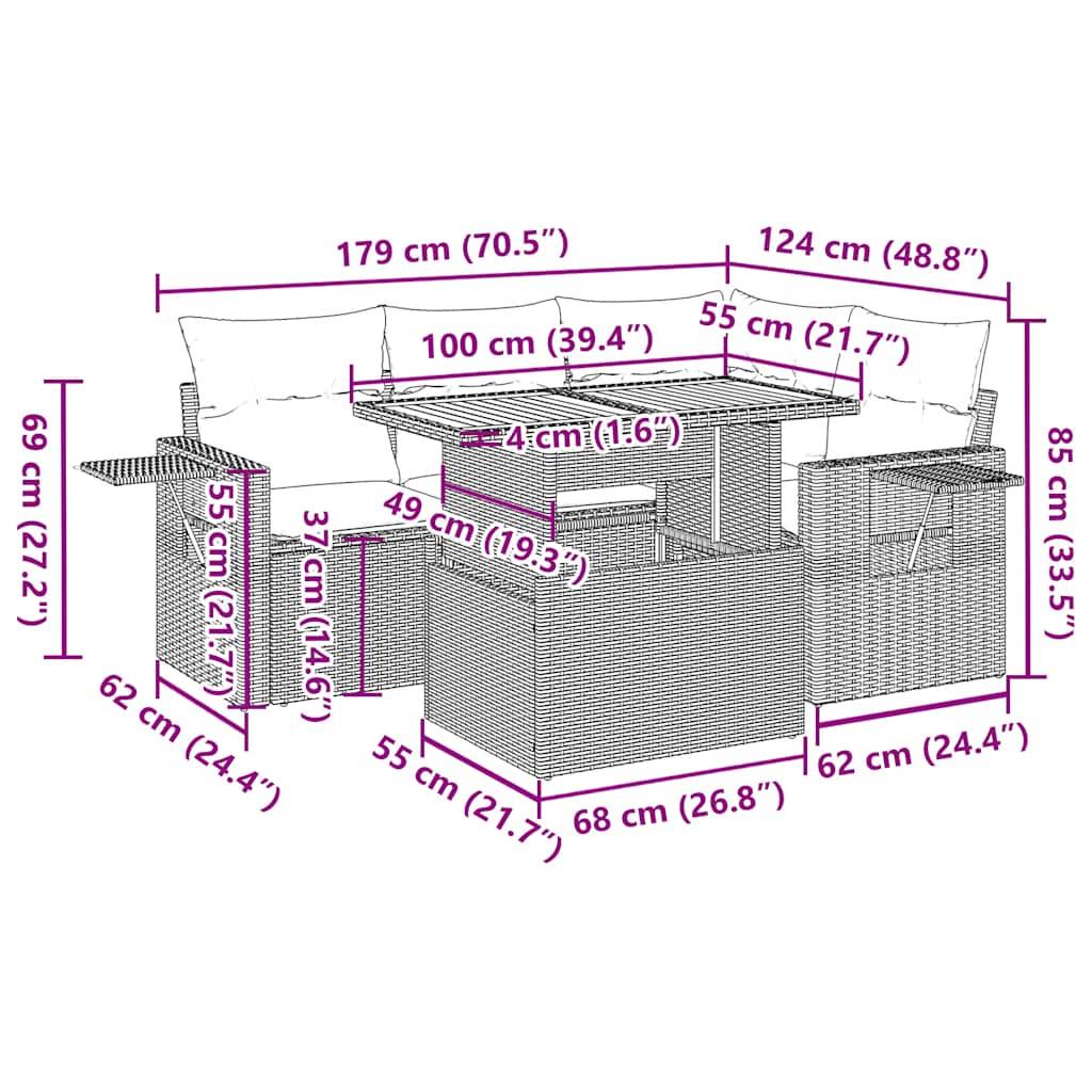 vidaXL 5-tlg. Garten-Sofagarnitur mit Kissen Beige Poly Rattan