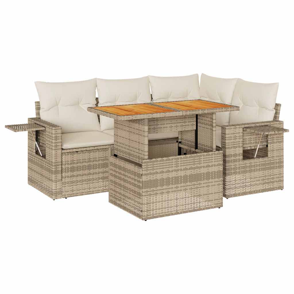 vidaXL 5-tlg. Garten-Sofagarnitur mit Kissen Beige Poly Rattan