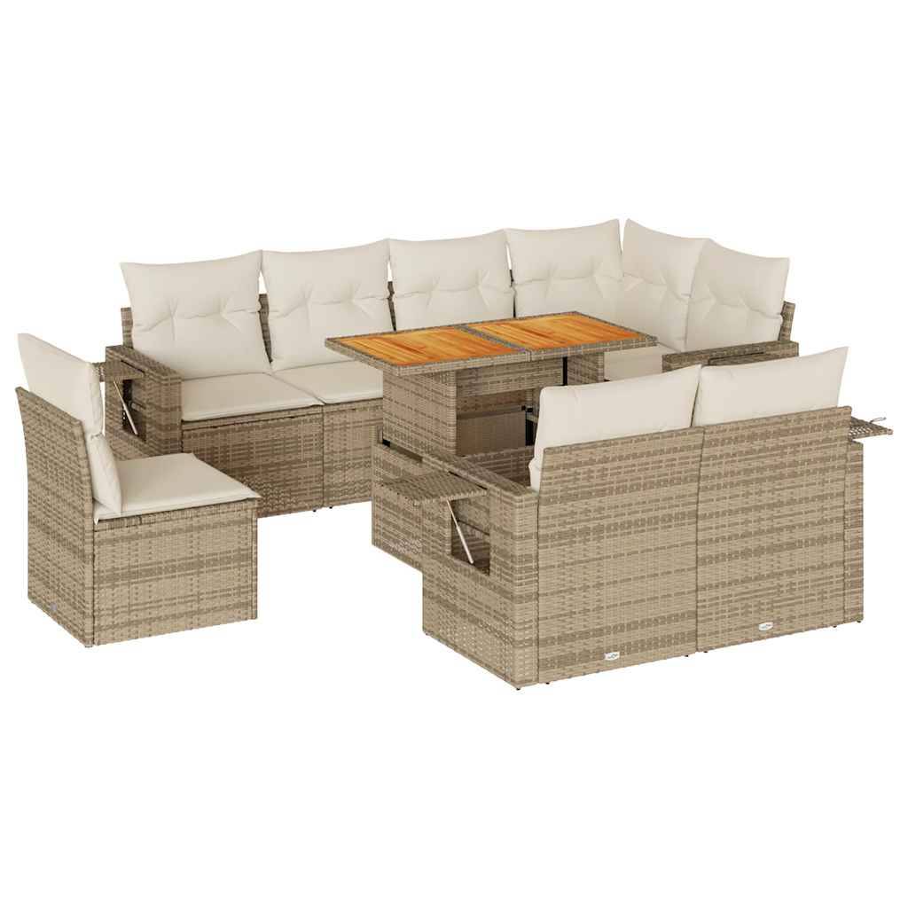 vidaXL 9-tlg. Garten-Sofagarnitur mit Kissen Beige Poly Rattan
